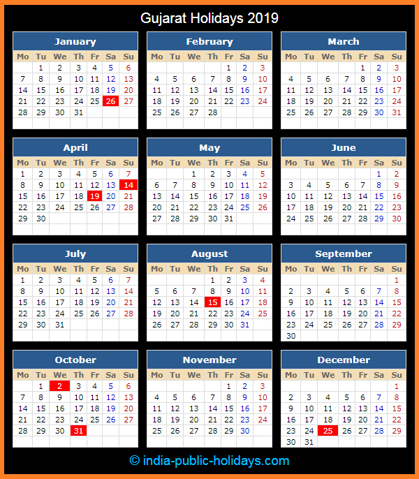 Gujarat Holiday Calendar 2019